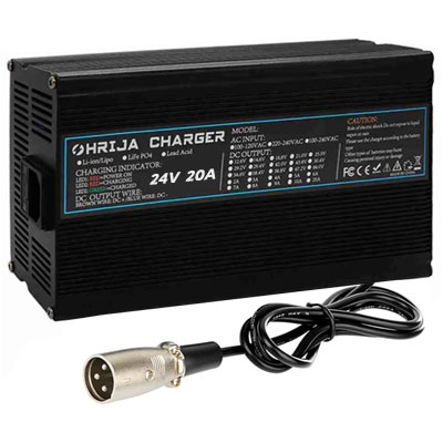 מטען 24V 20A אוטומטי שקע XLR לקלנועית גלגל יציב שהספקם 15A